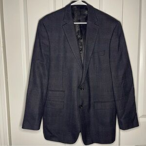 Lauren Ralph Lauren Grey 100% Wool Blazer Windowpane Size 44L Suede Elbow Patch